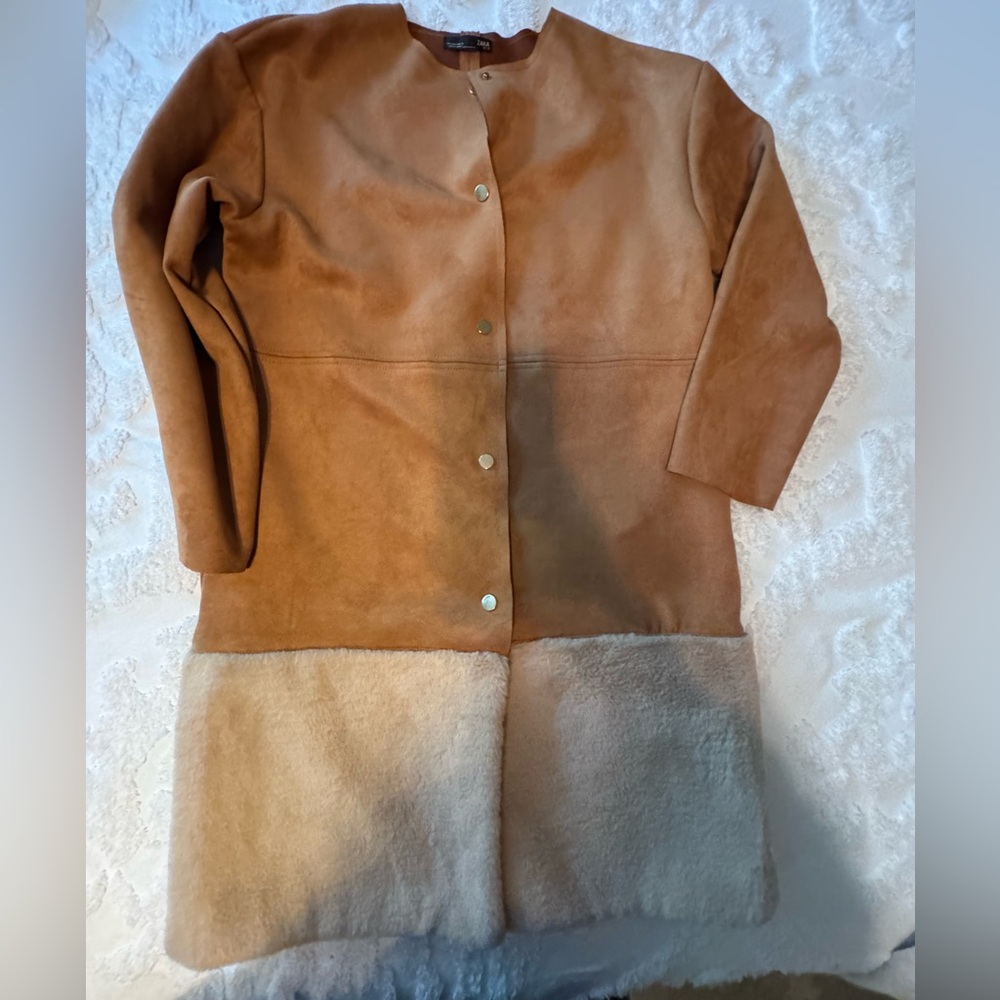 Zara Ladies Coat Faux Suede Sheepskin Shearling  Fur Lightweight Tan Cream  S - Picture 10 of 16